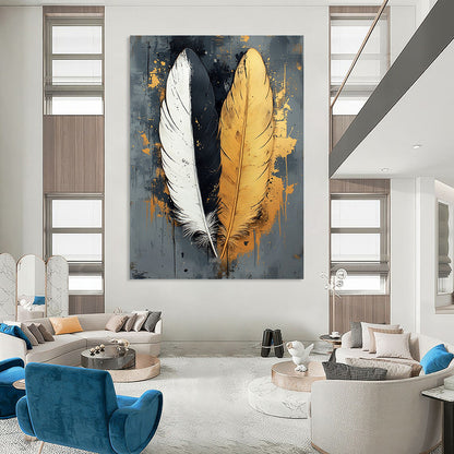 Contemporary abstract art featuring two feathers one white one black with gold accents on a textured grey canvas perfect for modern decor. DLZ1716