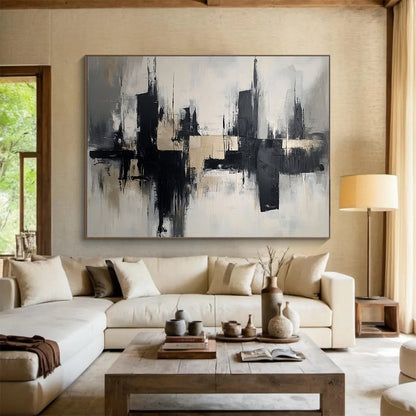 “Monochrome Cityscape Reflection” - Black, Gray, Beige, Abstract Urban Reflections - Abstract Acrylic Painting HB1672