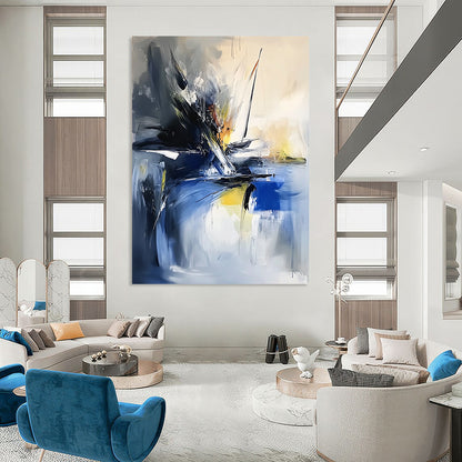 Modern abstract painting showcasing thick brush strokes and textured palette knife techniques in vibrant sea-inspired colors featuring a small sailboat in the corner. DLZ0957