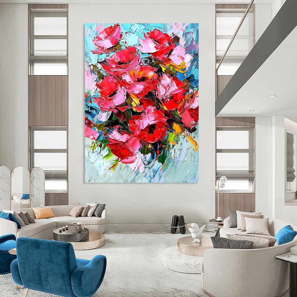 Bold contemporary abstract art featuring vibrant red roses with dynamic impasto texture and energetic brushstrokes for a striking visual impact. DLZ1158