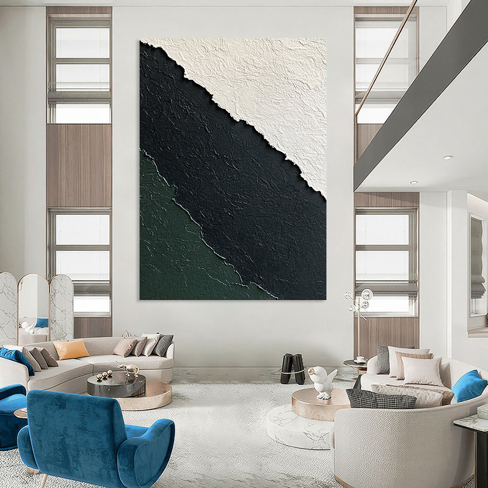 Contemporary abstract art features a textured paper design in black white and green against a dark gray background for a minimalistic elegance. DLZ1249