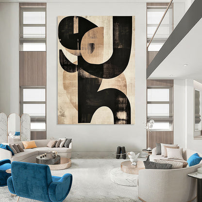 Large contemporary hand-painted abstract art featuring black and beige shapes with prominent S letters on textured paper. DLZ0295