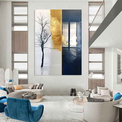 Contemporary large hand-painted abstract artwork features a striking blend of tree motifs and branches against a rich dark blue background. DLZ1509