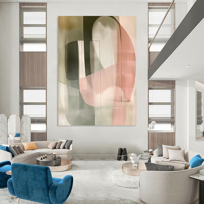 Large contemporary hand-painted abstract artwork featuring pastel colors simple shapes soft lighting and double exposure effects. DLZ1601