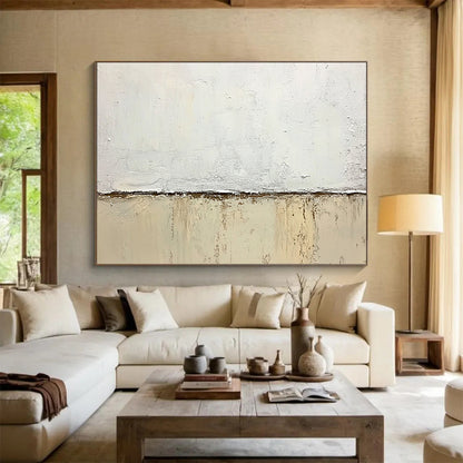 “Minimalist Textured Divide” - White, beige, brown; Textured white and beige divide on a canvas; Soft Acrylic Painting On Canvas HB1200