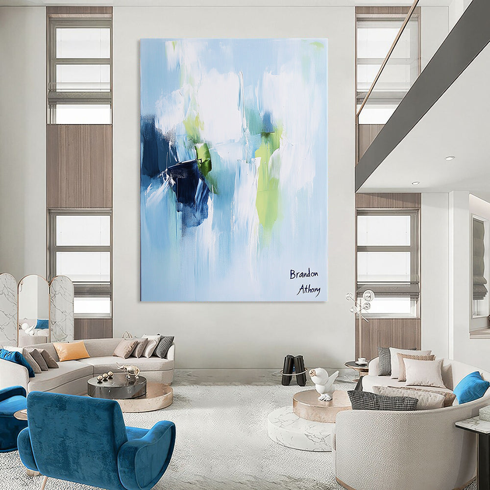 Contemporary hand-painted abstract artwork in light blue, white, and green tones creates a serene and peaceful atmosphere with elegant brush strokes. DLZ1045