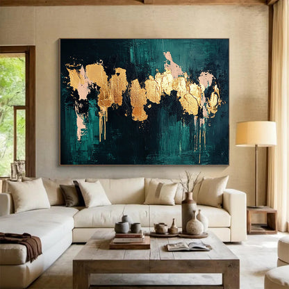 “Teal and Gold Abstract Drip” - Teal, gold, pink; Abstract drip painting with gold and pink; Acrylic Painting On Canvas HB1245
