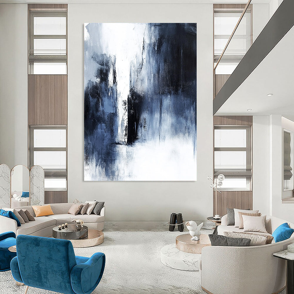 Contemporary abstract painting features dark gray and white tones, minimalist style, heavy textures, and emotional depth, showcasing a distant waterfall. DLZ0704