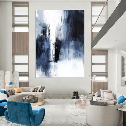 Contemporary abstract painting features dark gray and white tones, minimalist style, heavy textures, and emotional depth, showcasing a distant waterfall. DLZ0704