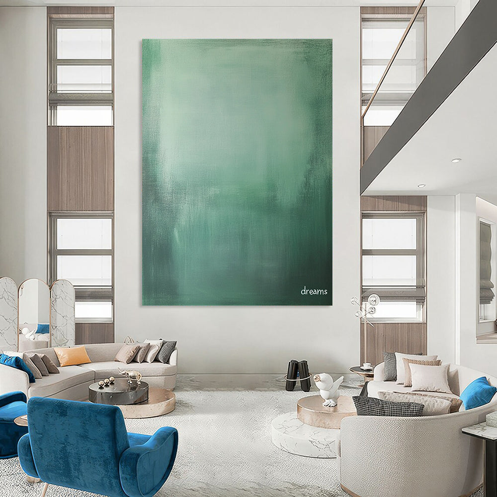 Contemporary abstract art features a tranquil green and grey gradient with the word dreams in white, perfect for evoking nostalgia and solitude in photography. DLZ1283