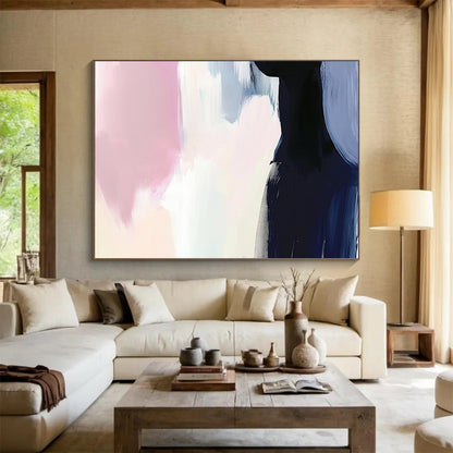 Soft Pink and Blue with Dark Silhouette - Minimalist Abstract Painting On Canvas HB0499