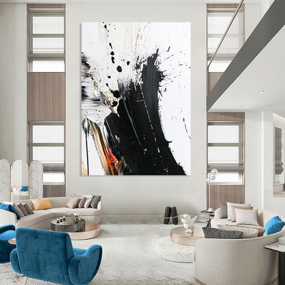 Contemporary abstract painting with bold brush strokes thick texture and striking color splashes on white canvas minimalistic design high contrast art piece. DLZ0312
