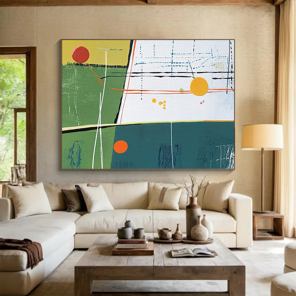 “Colorful Geometric Landscape” - Green, Yellow, Blue, Red with Geometric Forms - Abstract Acrylic Painting HB1354