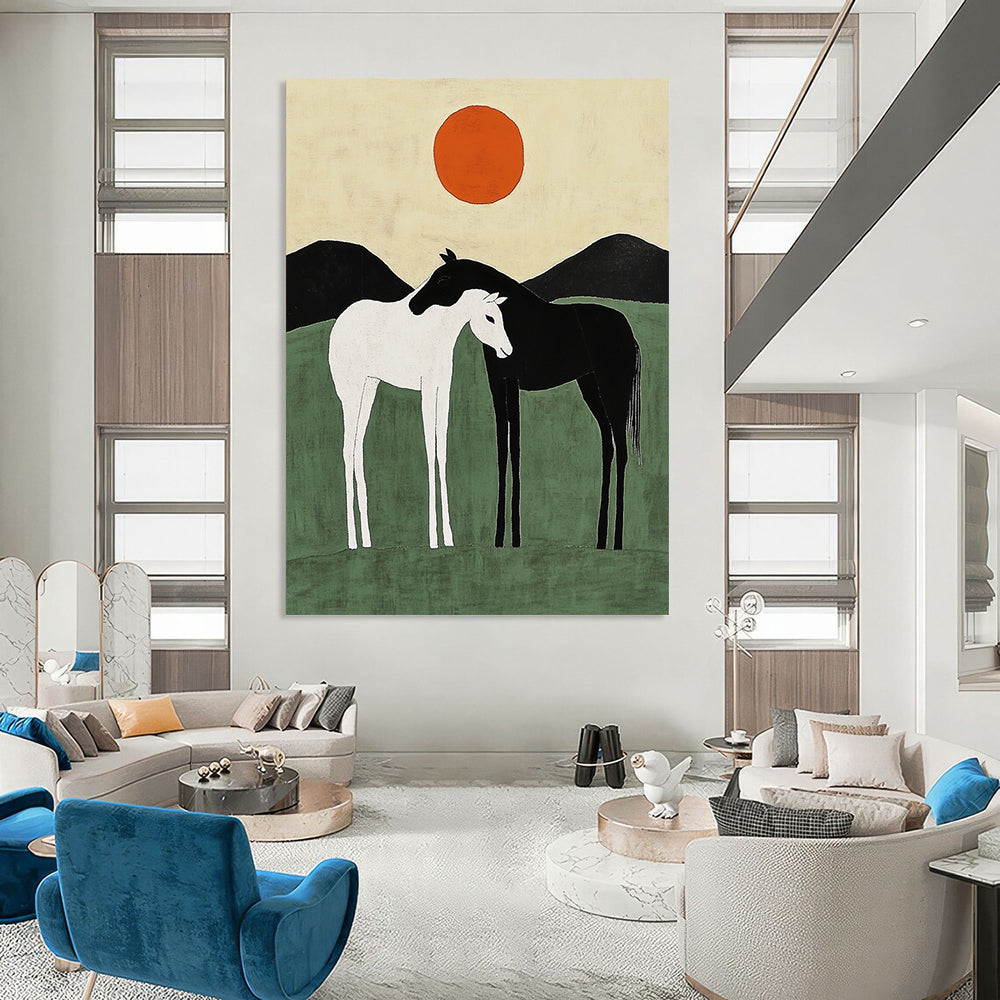 Contemporary abstract art featuring two minimalist horses against green hills with orange suns, capturing harmony through simple shapes and lines. DLZ1141