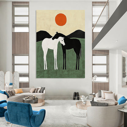 Contemporary abstract art featuring two minimalist horses against green hills with orange suns, capturing harmony through simple shapes and lines. DLZ1141