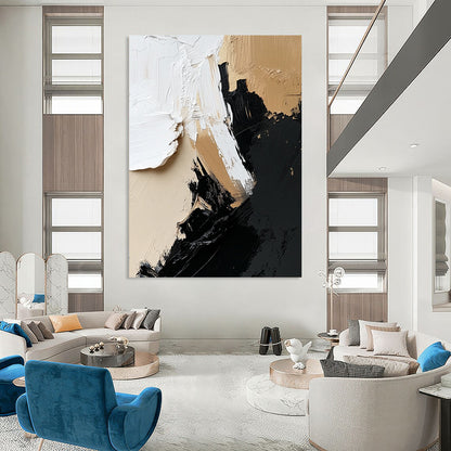 Large contemporary hand-painted abstract artwork featuring dynamic black, white, and beige textures for a striking wall display. DLZ0322