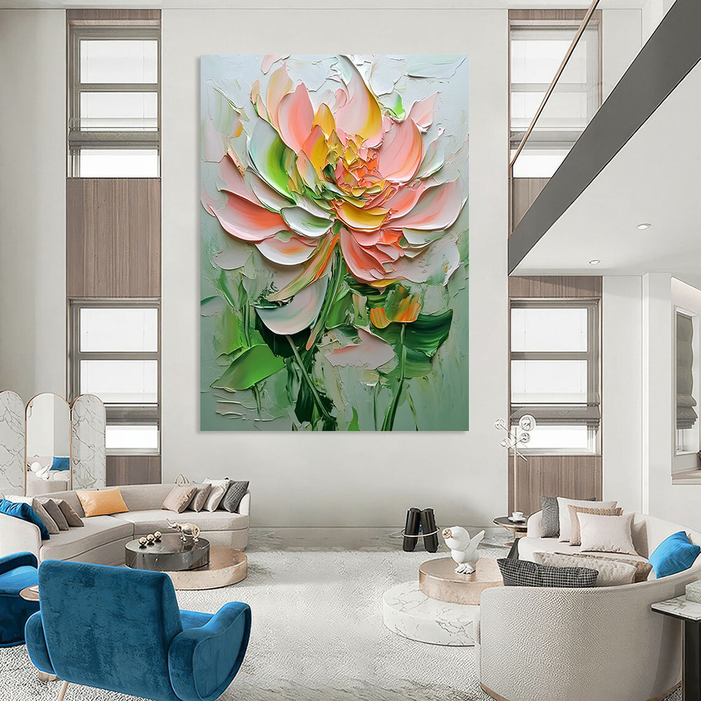 Contemporary abstract painting showcases textured flowers in pink and green hues against a white background, highlighting delicate details and depth. DLZ1667