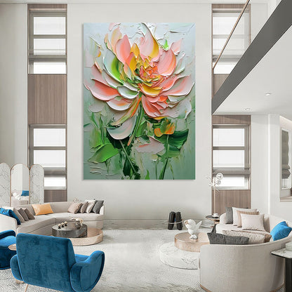 Contemporary abstract painting showcases textured flowers in pink and green hues against a white background, highlighting delicate details and depth. DLZ1667