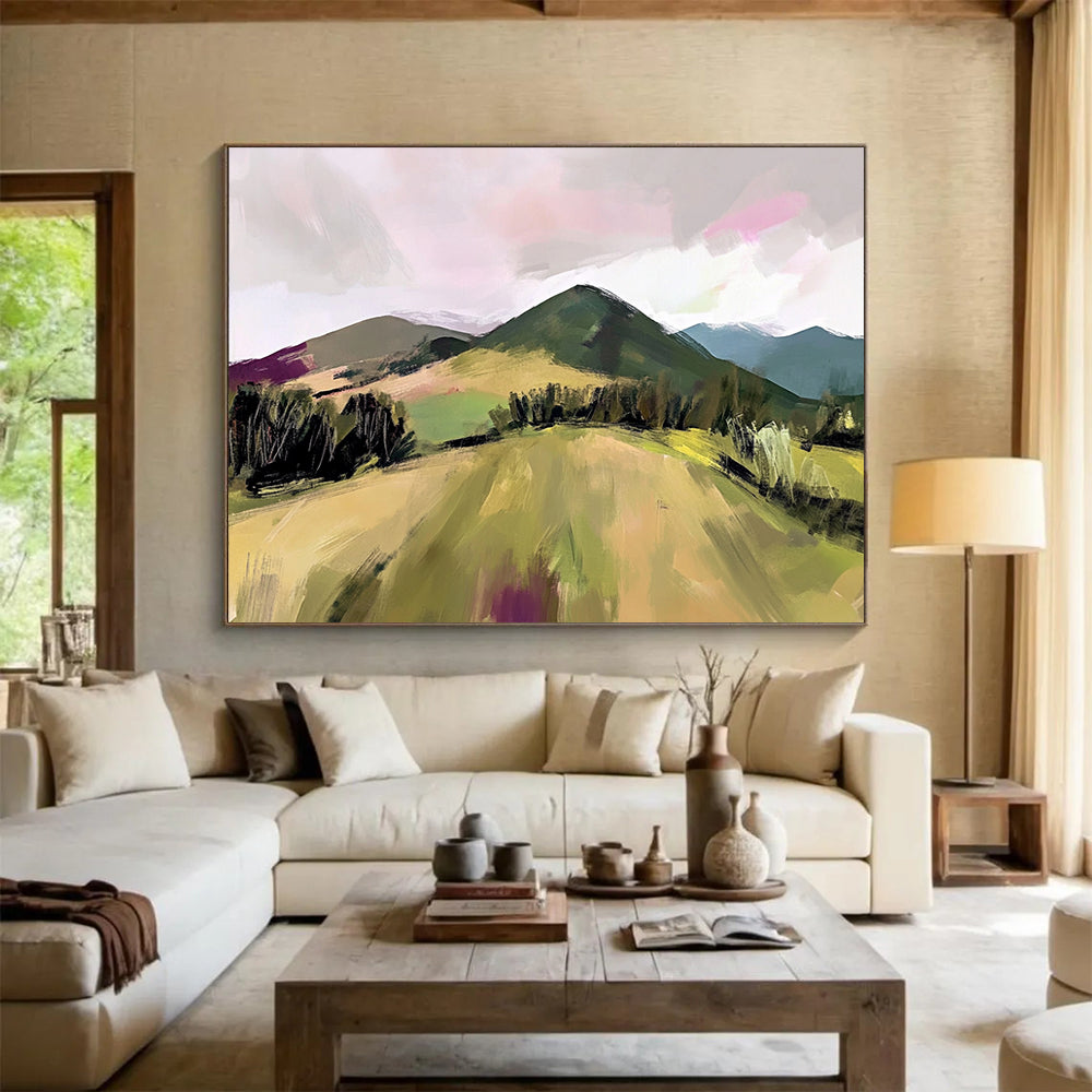 “Expressive Color - Blocked Hills” - Green, Pink, Purple, Abstracted Nature Scene - Gouache Painting HB1658