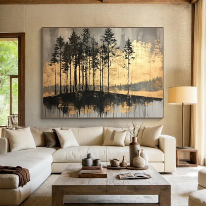 “Gilded Forest Reflections” - Dark grays, blacks, shimmering golds; Silhouetted trees, reflective water; Minimalist Landscape Painting On Canvas HB1158