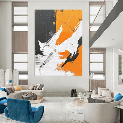 Contemporary hand-painted abstract art featuring thick brushstrokes, geometric elements, and a polar bear silhouette against a gray background with vibrant orange and white details. DLZ0653