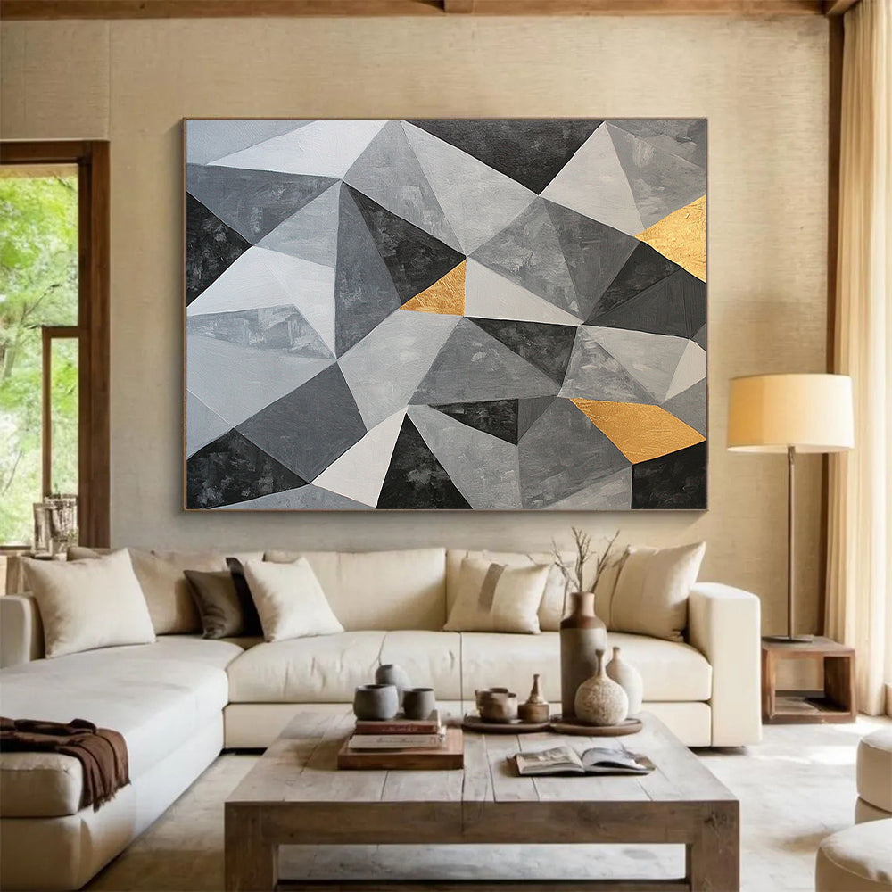 Gray, Black, White and Gold Geometric Triangles "Subtle Symmetry" Painting On Canvas HB364