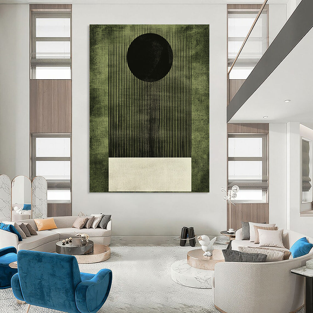 Contemporary abstract artwork featuring a dark green background with a white square and grainy texture highlighting a bold black circle. DLZ1610