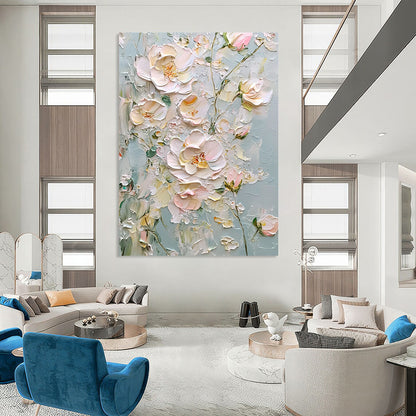 Contemporary hand-painted abstract art featuring light pink and white flowers on a gray background with thick impasto texture and a dreamy atmosphere. DLZ1669