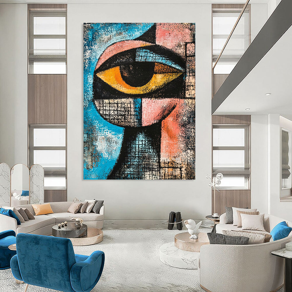 Contemporary hand-painted abstract art featuring a cubist eye in blue, pink, and black with dynamic shapes and textured depth for striking composition. DLZ1237