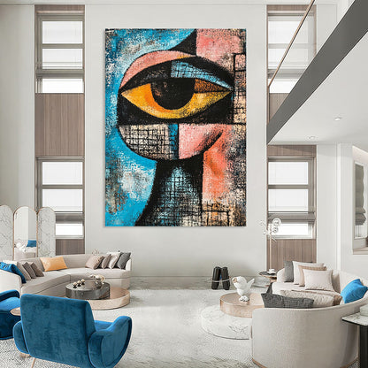 Contemporary hand-painted abstract art featuring a cubist eye in blue, pink, and black with dynamic shapes and textured depth for striking composition. DLZ1237