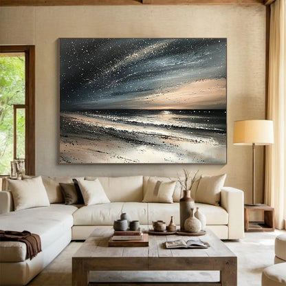 “Starry Night Beach” - Blacks, Whites, Grays, Beiges, Beach Under a Starry Sky - Impasto Oil Painting HB1741
