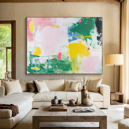 “Soft Color Splash Abstract” - Pink, Green, Yellow, Blue with Gentle Splashes - Painting On Canvas HB1369