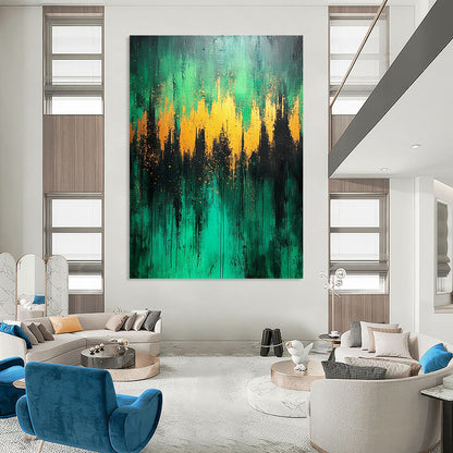 Contemporary abstract artwork featuring a lush green forest with light blue and gold accents on a textured canvas. DLZ0391