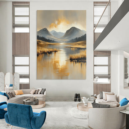 Contemporary abstract landscape painting featuring serene beige and gold tones, water reflections, distant mountains, and tranquil skies in heavy oil brush strokes. DLZ0410