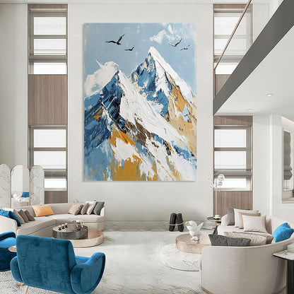 Contemporary abstract painting depicting Mount Everest's summit with flying birds, featuring a serene palette of white, blue, and gold. DLZ0493