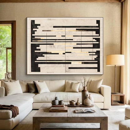 Black, White, Gray, Gold, Vertical Rectangles "Gilded Grid Symphony" Abstract Constructivist - Inspired Painting On Canvas HB121