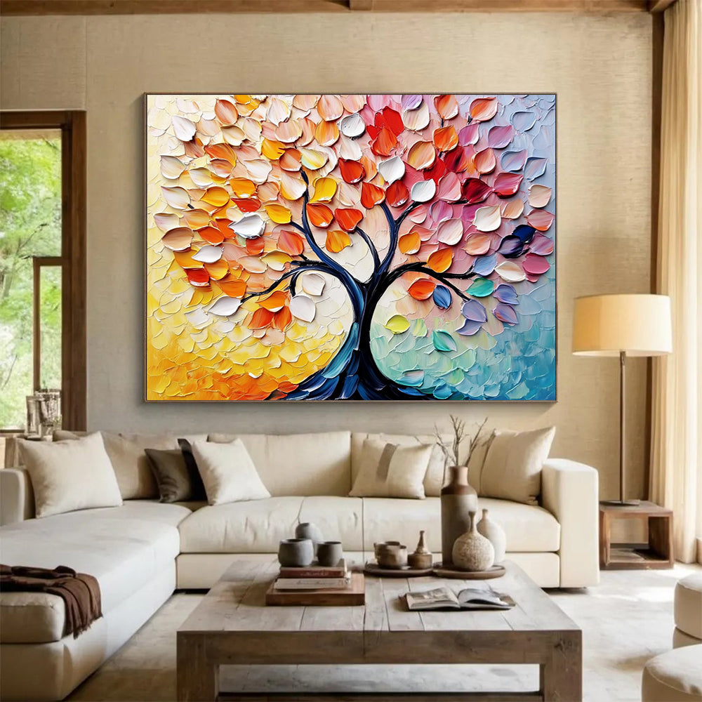 “Colorful Autumn Tree with Textured Leaves” - Yellow, Orange, Red, Pink, Colorful Leaf Textures - Palette Knife Acrylic Painting HB1637