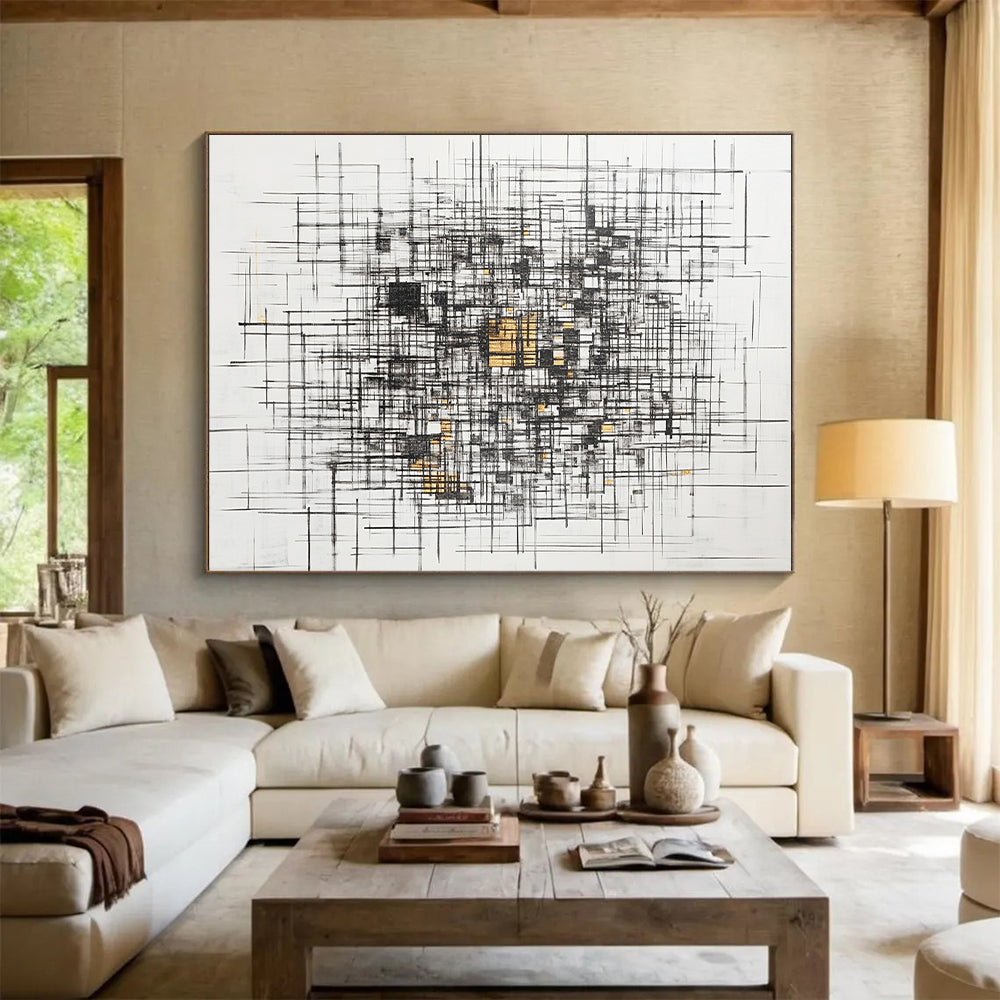 Black, White, Gray, Gold, Triangular Mosaic "Gilded Geometric Puzzle" Abstract Cubist - Inspired Painting On Canvas HB127