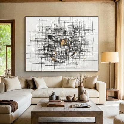 Black, White, Gray, Gold, Triangular Mosaic "Gilded Geometric Puzzle" Abstract Cubist - Inspired Painting On Canvas HB127