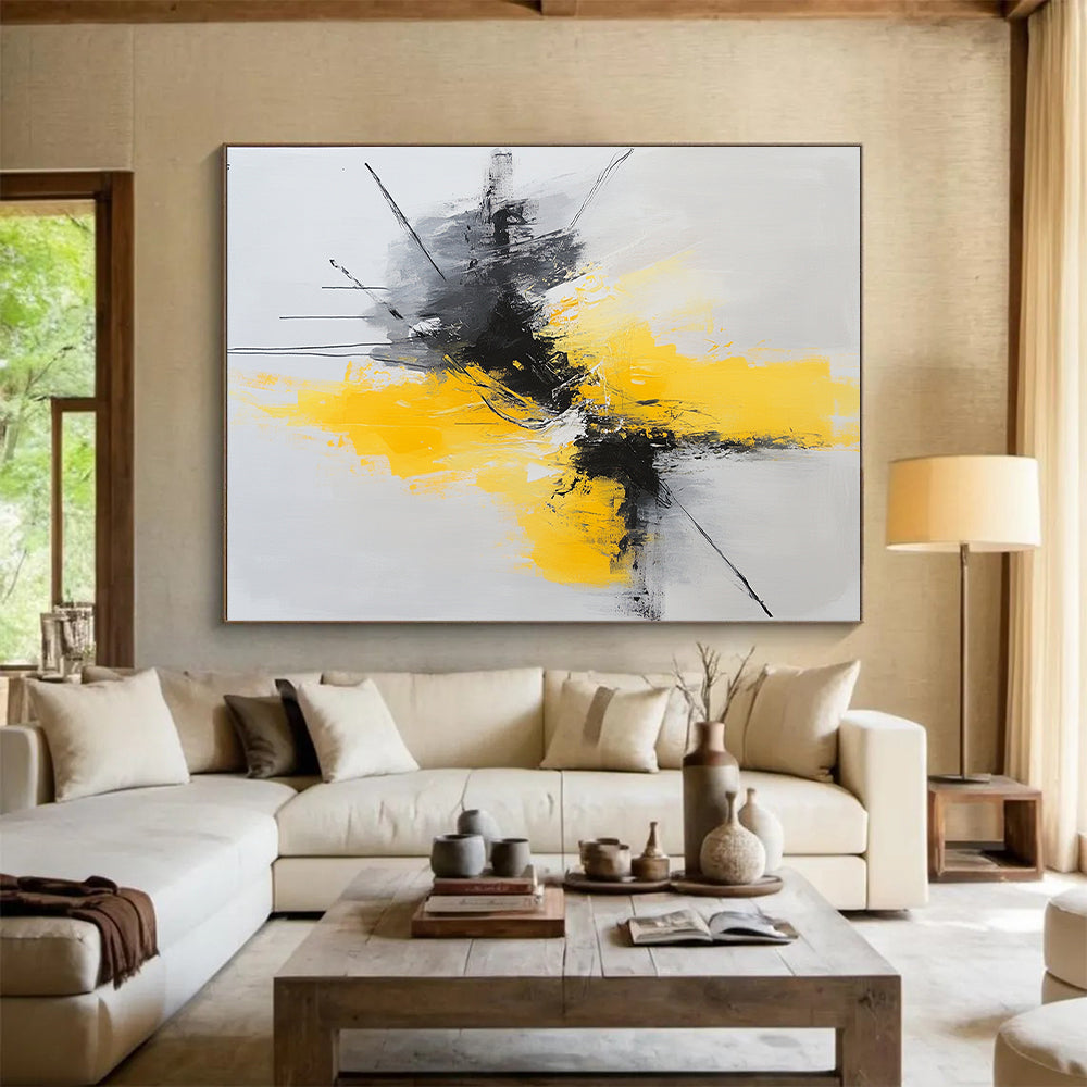 Gray, Yellow, Black, Dynamic Strokes "Vivid Surge" Abstract Expressionist Painting On Canvas HB051