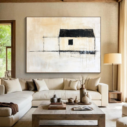 Minimalist Black - and - White House Silhouette – Abstract Acrylic Architectural Painting HB1468