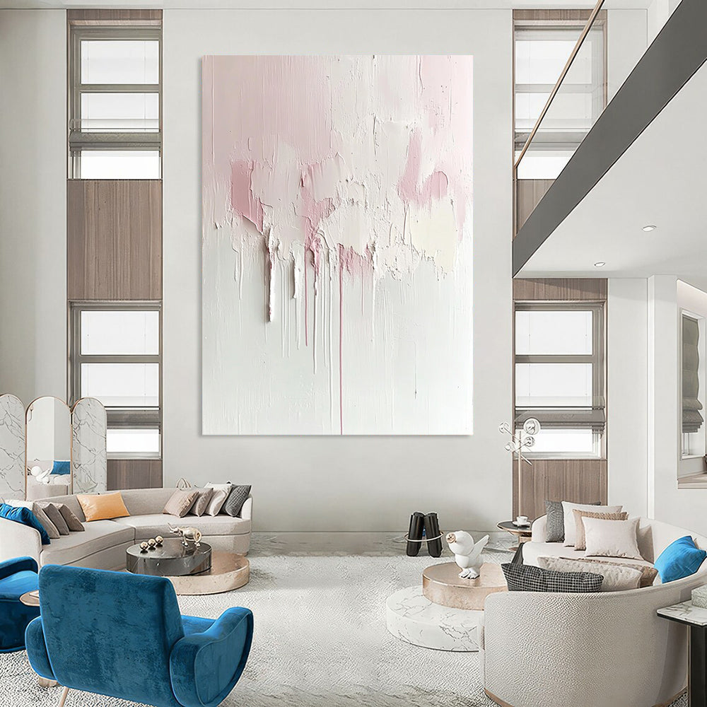 Contemporary abstract painting featuring soft pink and cream hues on a textured white canvas, minimalist design with dreamy aesthetic and large negative space. DLZ0690