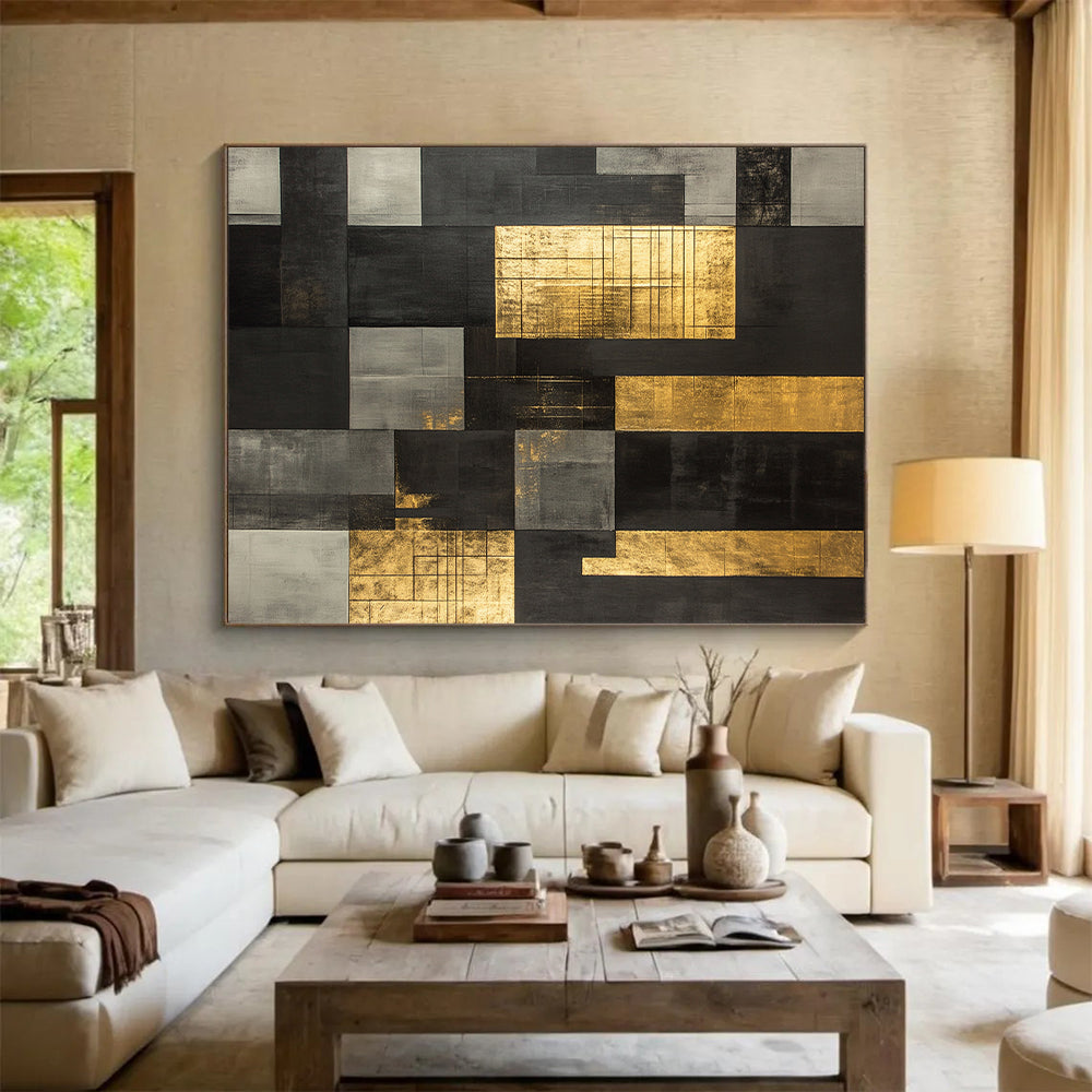 Black, Gray, Gold with Grid Patterns "Structured Glow" Abstract Painting On Canvas HB008