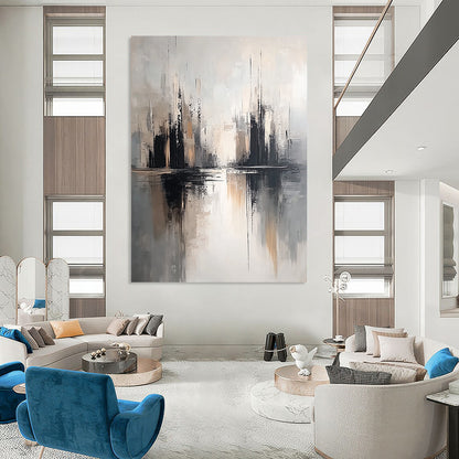 Contemporary hand-painted abstract artwork featuring soft gray tones and a neutral palette with detailed textures and minimalist design on a white background. DLZ0810