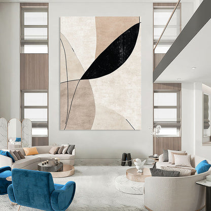 Contemporary handcrafted abstract art featuring elegant lines and curves in beige tones with striking black accents, perfect for sophisticated decor. DLZ0797