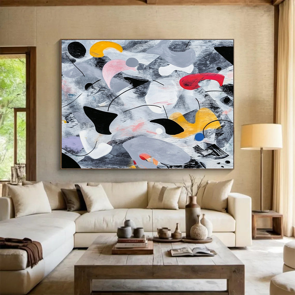Black, Gray, White, Red, Yellow, Blue and Pink Abstract Melange "Whimsical Dreamscape" Painting On Canvas HB330