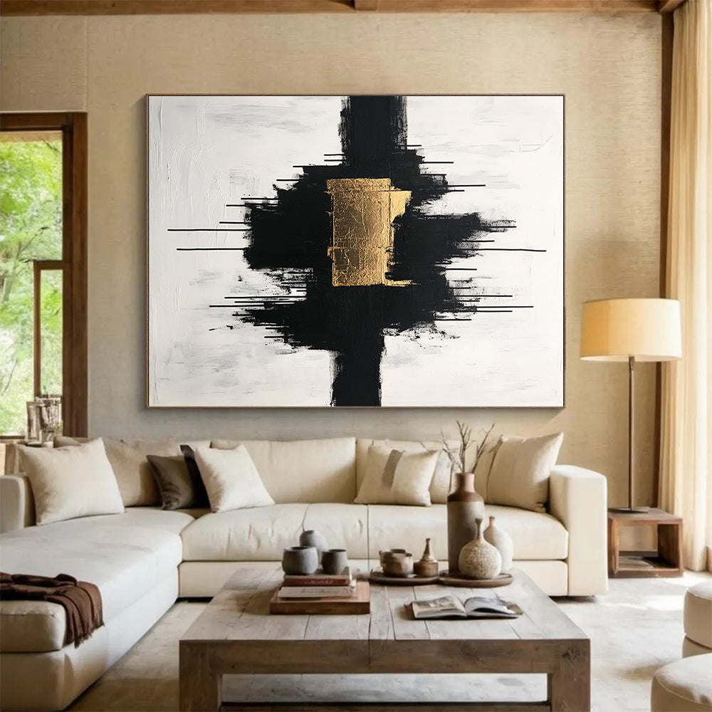 Black, White and Gold Abstract "Gilded Center" Painting On Canvas HB404