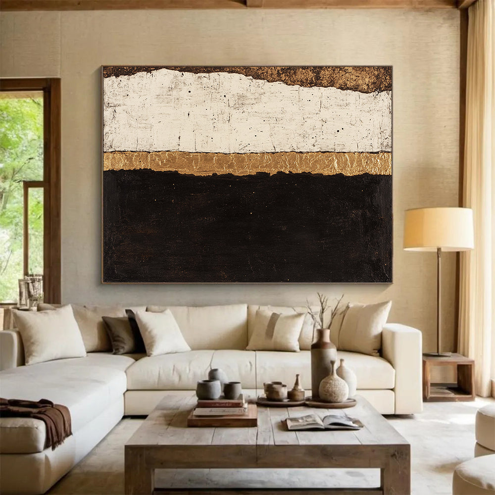 Black, White, Gold, Textured Stripes "Gilded Divide" Abstract Minimalist Painting On Canvas HB082