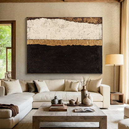 Black, White, Gold, Textured Stripes "Gilded Divide" Abstract Minimalist Painting On Canvas HB082
