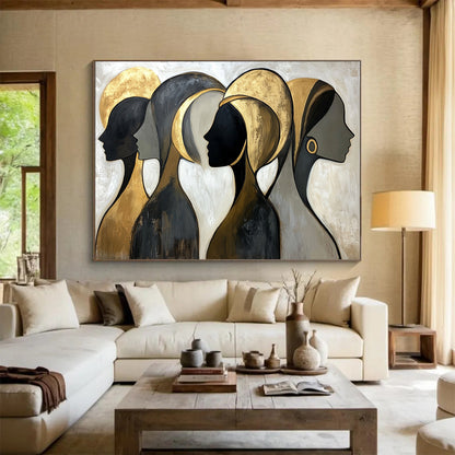 “Golden Silhouettes” - Black, Gold, Gray, Abstract Profiles - Stylized Acrylic Painting HB1514